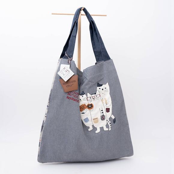 Kusuguru Japan Three Cats Embroidered Large Tote Bag - Gray - Picture 10 of 10